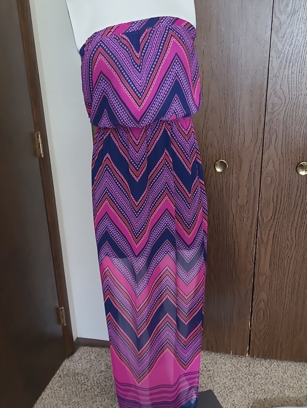 Express Strapless Chevron Maxi Dress in Pink and Navy